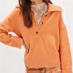 VacationGrabs Boho Women Sweater Long Sleeve Oversized Button Collared Pullover Lapel V Neck Knitted Jumper Tops Winter Fall Knitwear