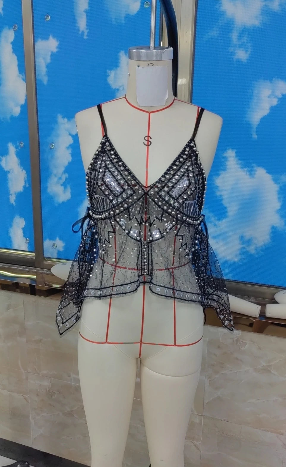 VacationGrabs Women Y2K Sequin Mesh Tank Top Glitter Floral Embroidered Cami Crop Top Coquette Sleeveless Backless Rhinestone Camisole