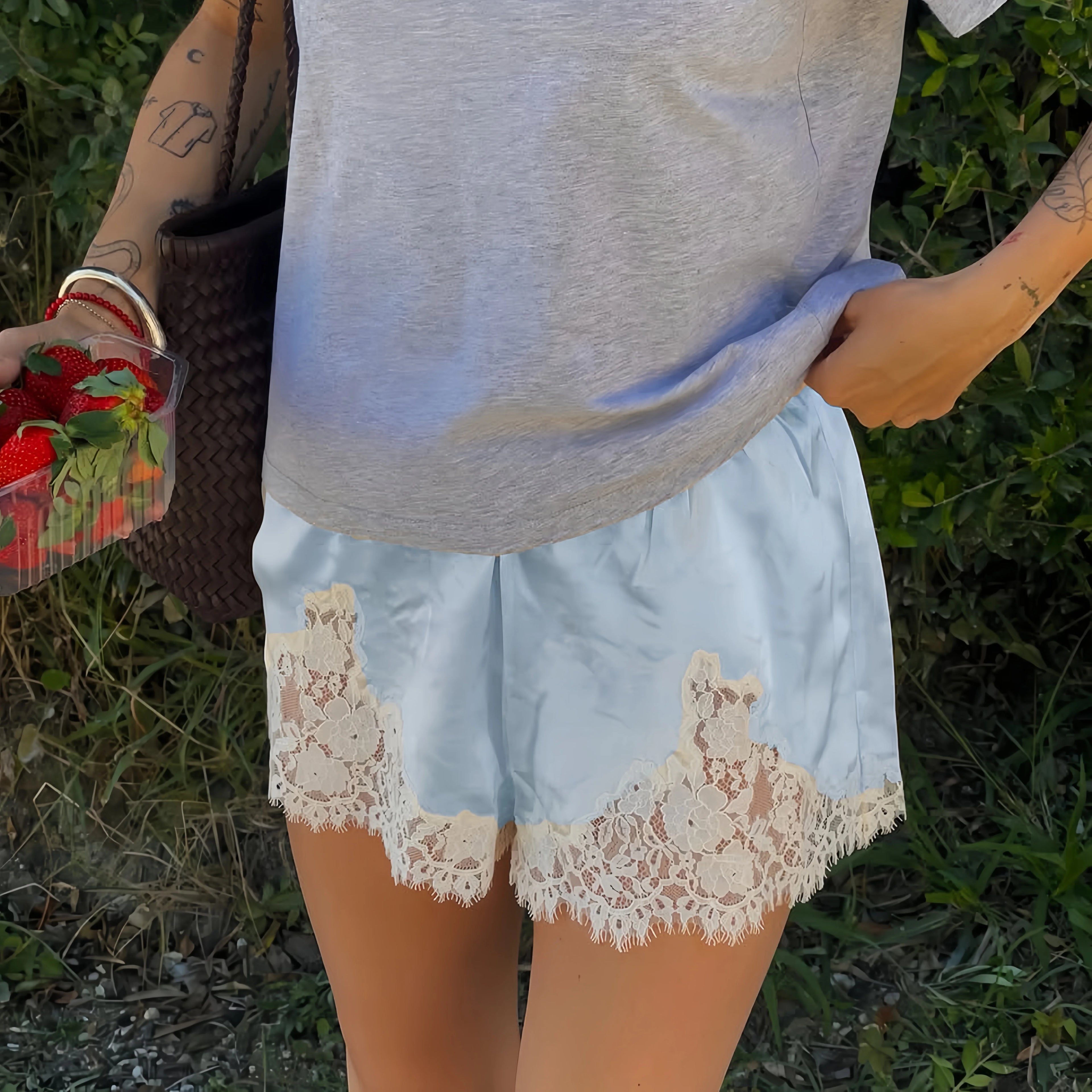 VacationGrabs Women Pettipants Slip Shorts Lace Trim Satin Silk Bloomers Bottoms Elastic Waist Lace Slip Shorts Y2K Streetwear