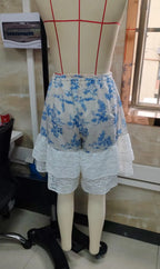 VacationGrabs Women Boho Vintage Printed Lace Ruffle Shorts Elastic Drawstring Waist Flowy Casual Shorts Summer Vacation Streetwear