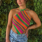 hriigin Cute Women Striped Crochet Halter Neck Top Knit Sleeveless Triangle Hem Crop Top Backless Summer Top Casual Daily Wear