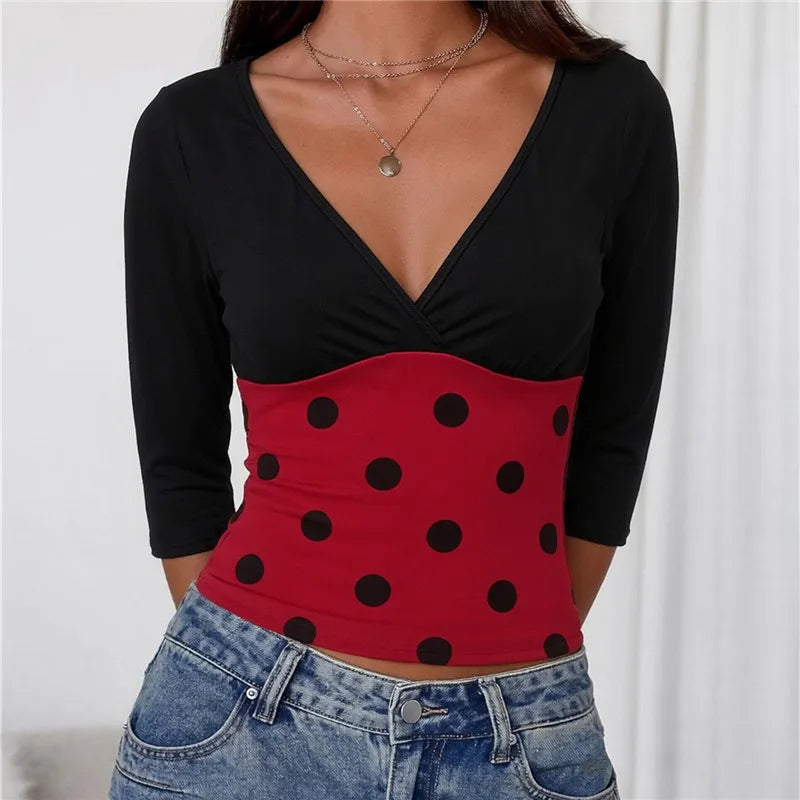VacationGrabs Women V Neck 3/4 Sleeve Crop Top Polka Dot Ladybug Print Color Block Slim Fit Halloween Cosplay Party Short Top