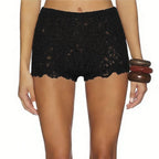 VacationGrabs Women Floral Lace High Waist Boyshort Panties Sheer Mesh Scallop Trim Anti-Exposure Underwear Casual Daily Lingerie