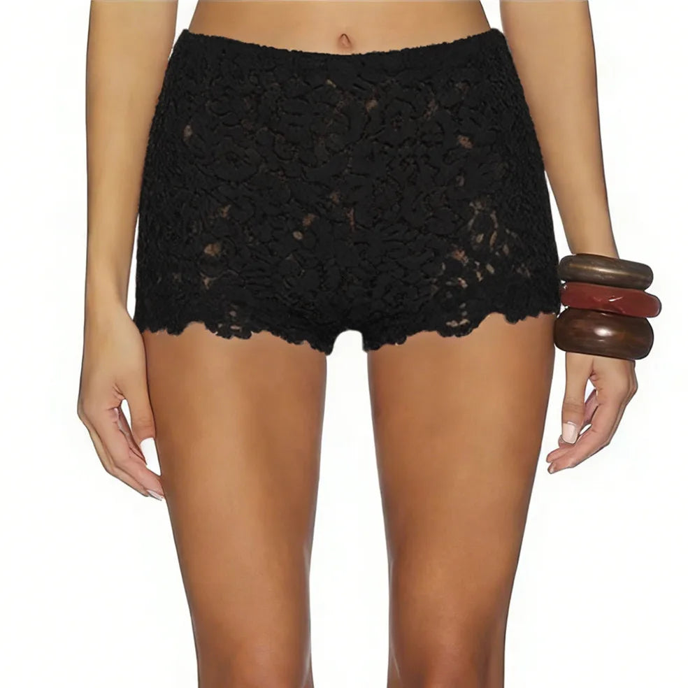 VacationGrabs Women Floral Lace High Waist Boyshort Panties Sheer Mesh Scallop Trim Anti-Exposure Underwear Casual Daily Lingerie