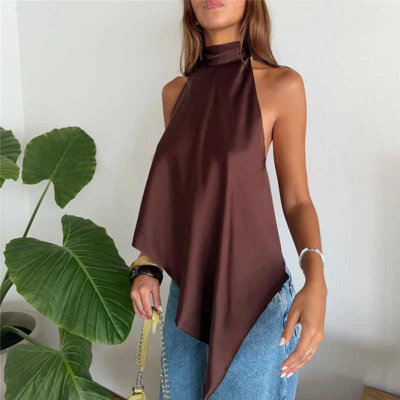 VacationGrabs Women Satin Halter Tops Sexy Backless Asymmetrical Tops Sleeveless Lace Up Back Silk Tank Top Going Out Shirt