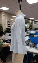 VacationGrabs Y2K Tie Back Cinched Waist Collared Shirt For Women Flare 3/4 Sleeve Button‑Front Slim Fitted Curved Hem Casual Blouse