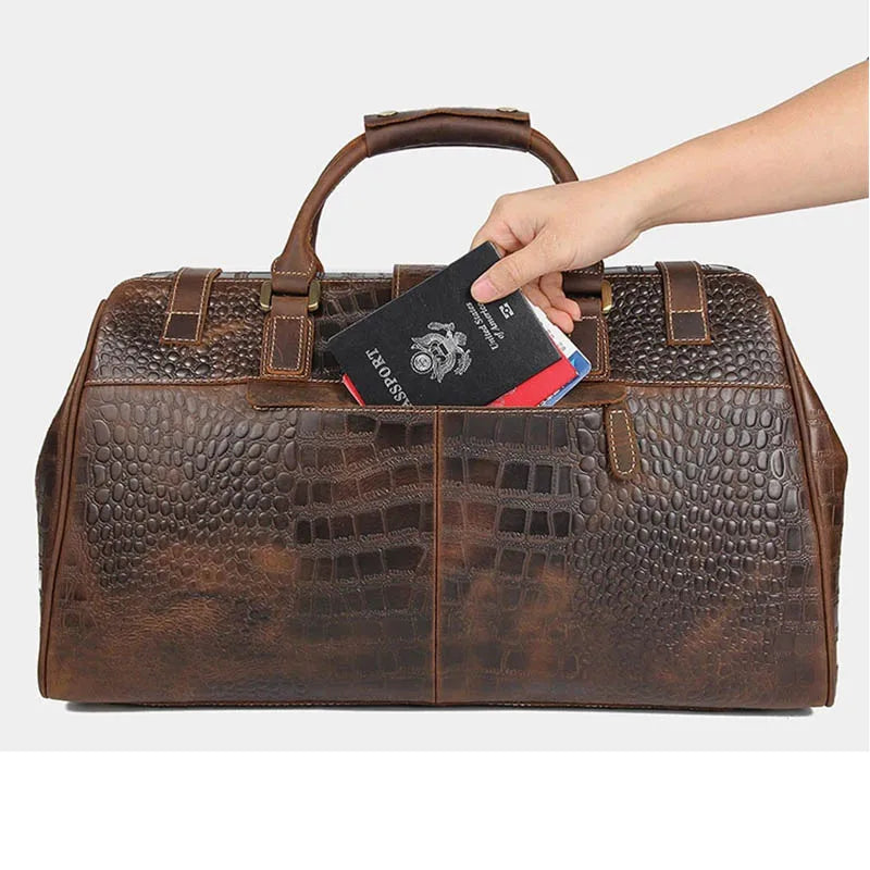 Vintage Crazy Horse Genuine Leather Bag with Lock Big Capacity Travel Duffel