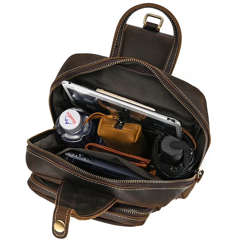 Large Capacity Genuine Leather Sling Bag – Vintage Men's Chest Pack