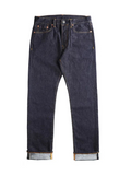 Pair of dark blue jeans on a white background