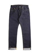 Pair of dark blue jeans on a white background