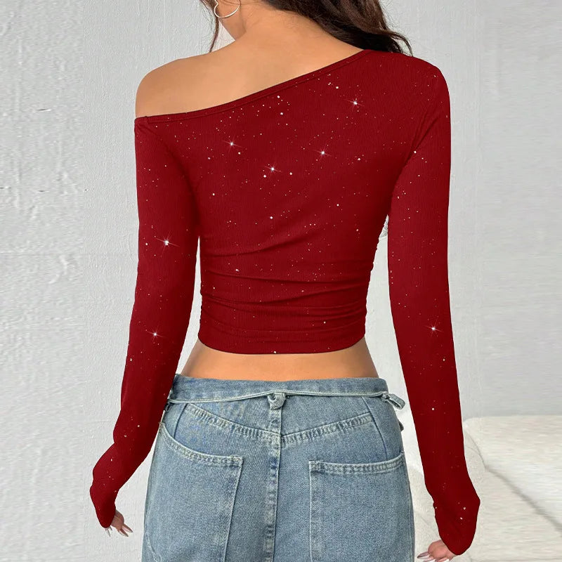 Women's Asymmetric Off-Shoulder Long Sleeve Studded Top