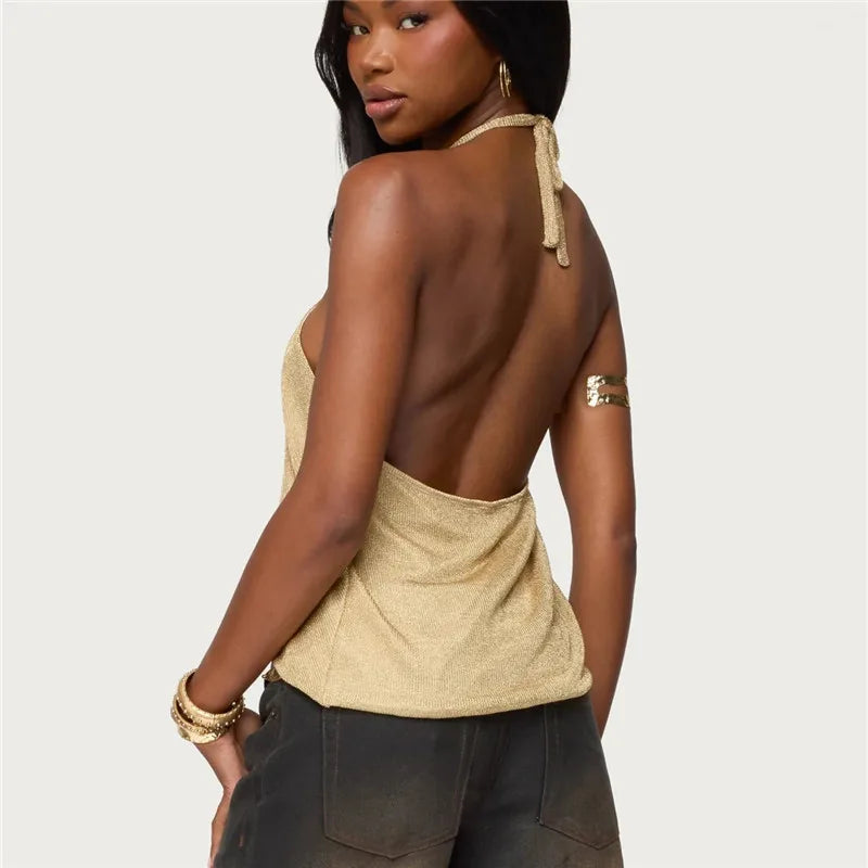 VacationGrabs Women Y2K Sparkly Split Front Top Sleeveless Backless Halter Neck Crop Tank Top Summer Party Club Camisole Vest
