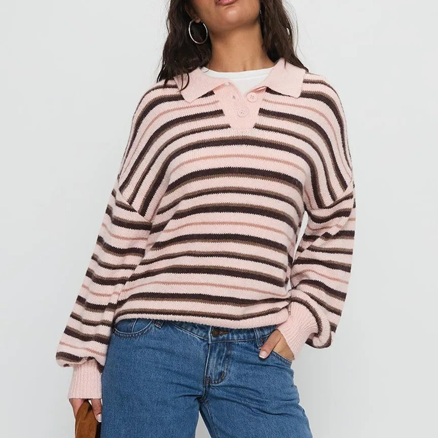 VacationGrabs Women Y2K Striped Sweater Long Sleeve Color Block Lapel V Neck Knit Jumper Tops Winter Warm Oversized Sweater