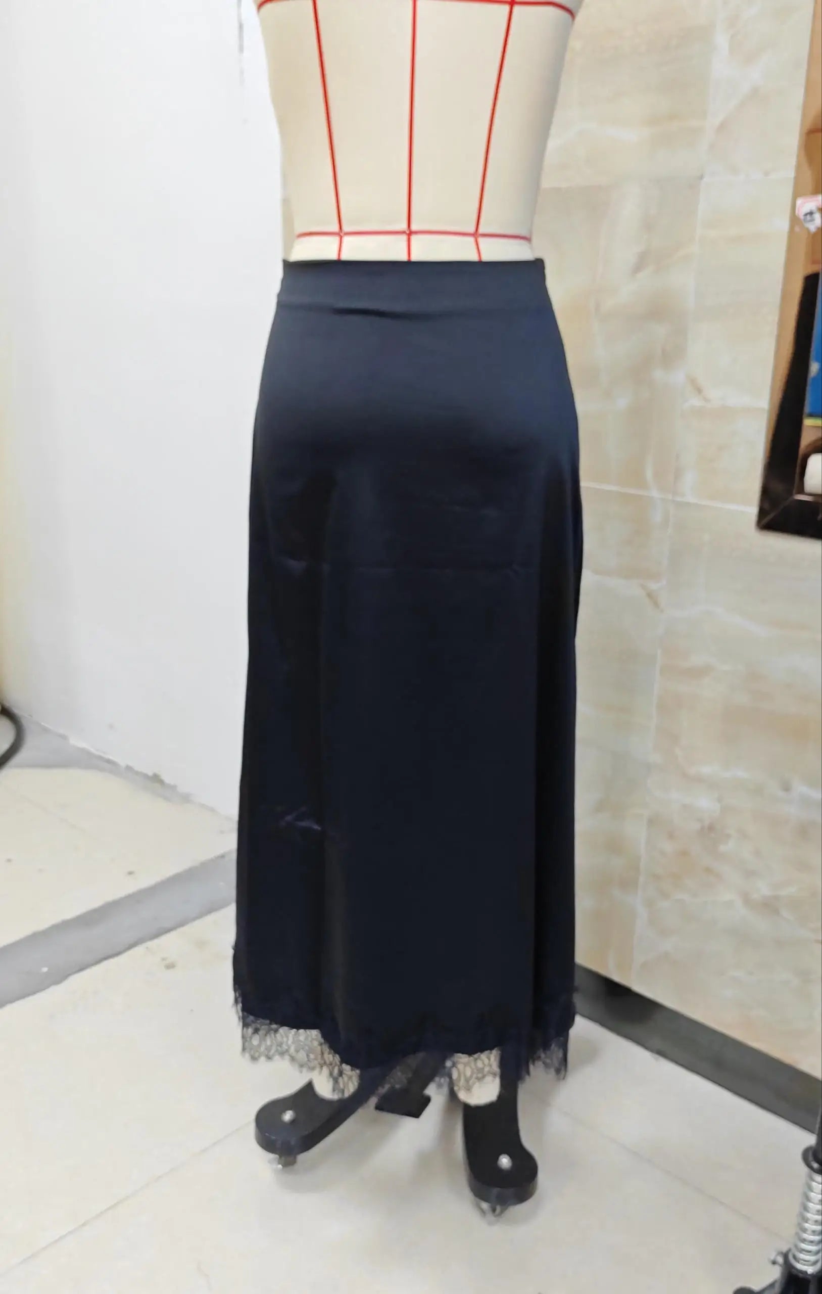VacationGrabs Elegant Lady Elastic Waist Silky Lace Trim Midi Skirt Women Satin Lace Long Skirt Y2k Half Slip Maxi Skirts Under Dress