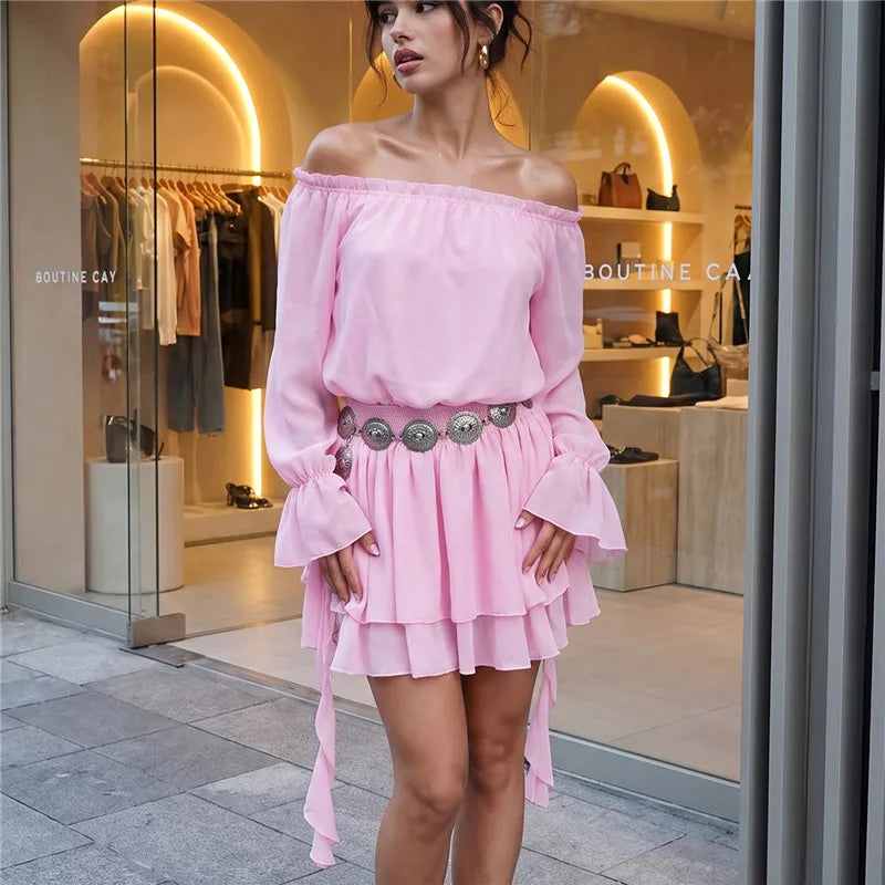 VacationGrabs Elegant Off Shoulder Flare Long Sleeve Chiffon Mini Dress Women Elastic Waist Tiered Ruffle Beach Vacation Short Dress