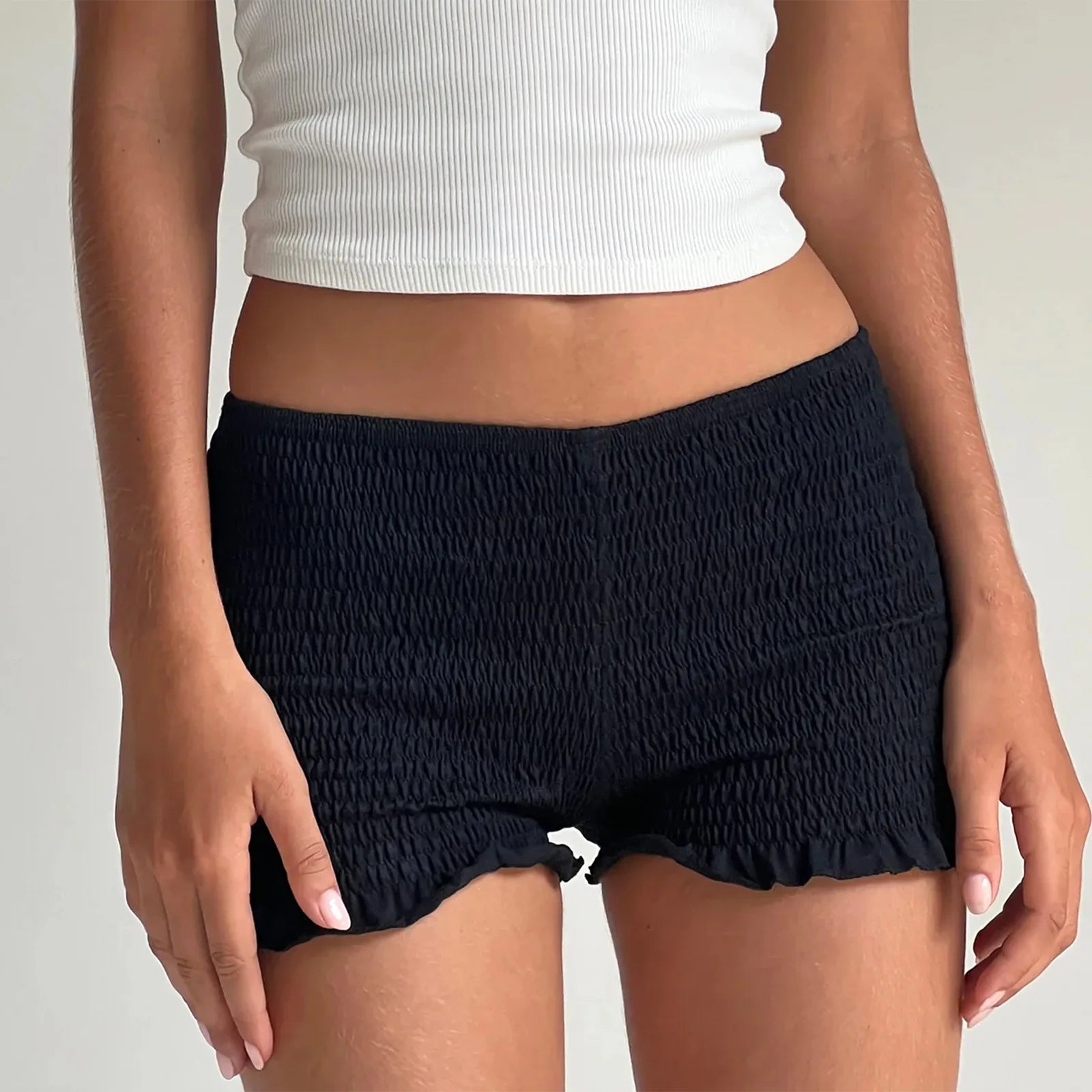 VacationGrabs Women Casual Lounge Shorts Sexy Low Waist Smocked Micro Shorts Shirred Mini Shorts Summer Y2k Pajama Shorts