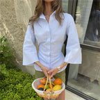 VacationGrabs Y2K Tie Back Cinched Waist Collared Shirt For Women Flare 3/4 Sleeve Button‑Front Slim Fitted Curved Hem Casual Blouse