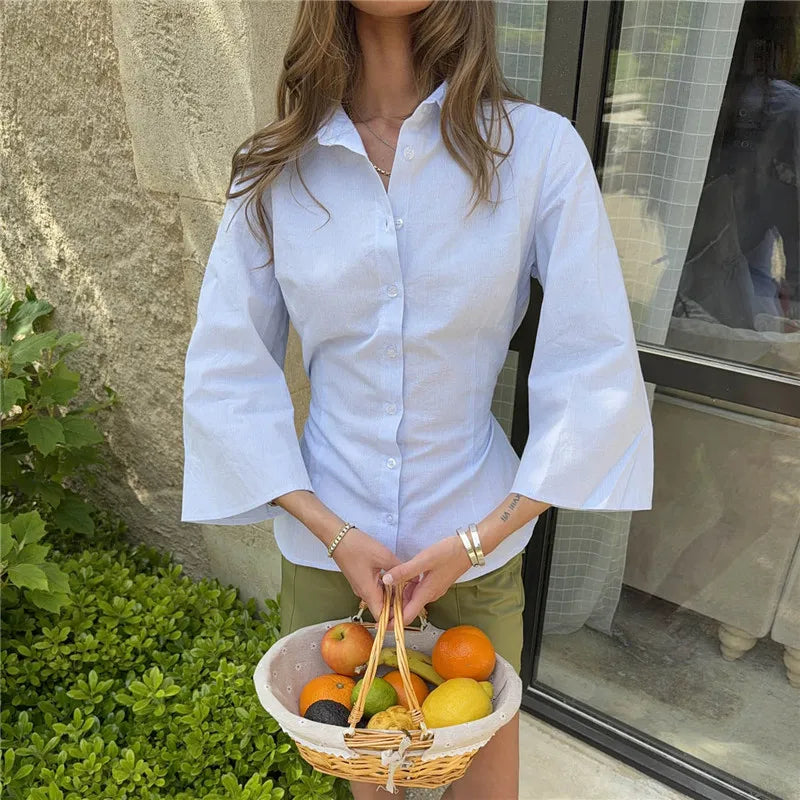 VacationGrabs Y2K Tie Back Cinched Waist Collared Shirt For Women Flare 3/4 Sleeve Button‑Front Slim Fitted Curved Hem Casual Blouse