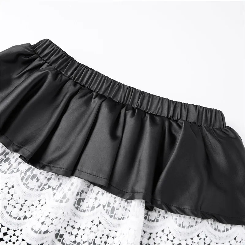 VacationGrabs Lolita Sweet Lace Layered Bloomers Women Elastic High Waist Ruffle Fake Two Piece Skort Lace Hem Casual Cute Short Pants