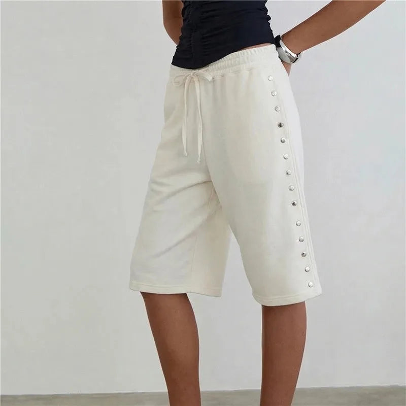 VacationGrabs Women's Knee Length Sweat Shorts with Side Snap Buttons Drawstring Waist Casual Loose Fit Summer Y2K Streetwear