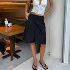 VacationGrabs High Rise Pleated Bermuda Shorts Solid Wide Leg Suit Fabric Culottes Women Elegant Office Street Mid Calf Dress Shorts