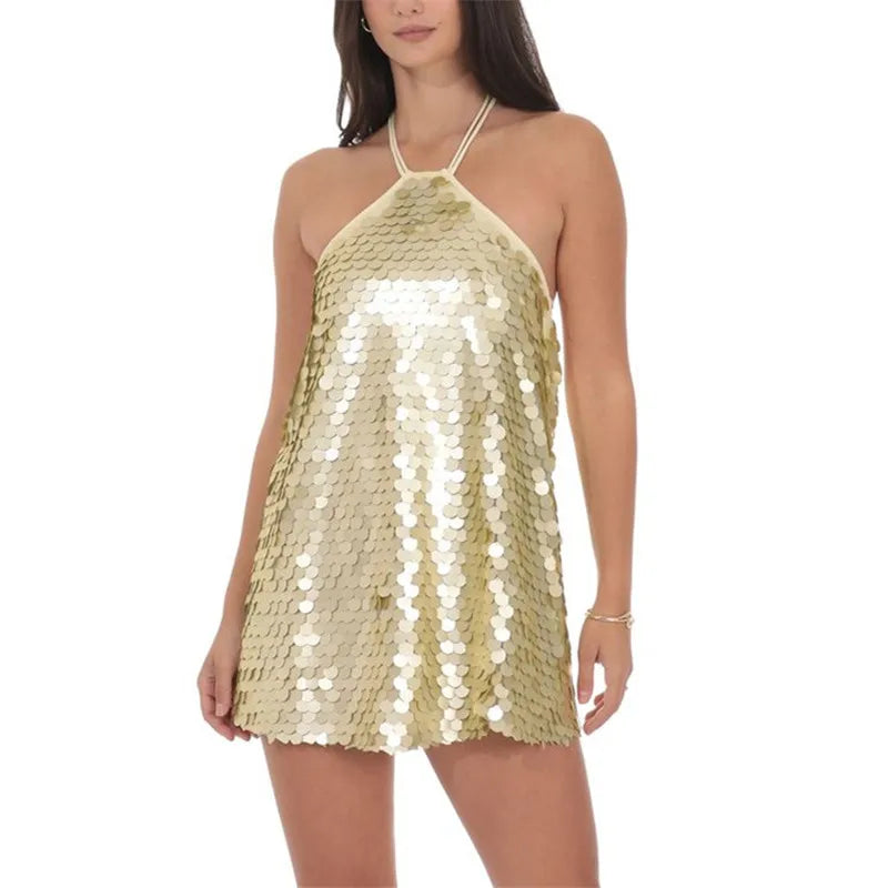 VacationGrabs Women Halter Backless Sequin Mini Dress Glitter Paillette Tie Up Short Dress Club Party Sparkly Cocktail Evening Dresses
