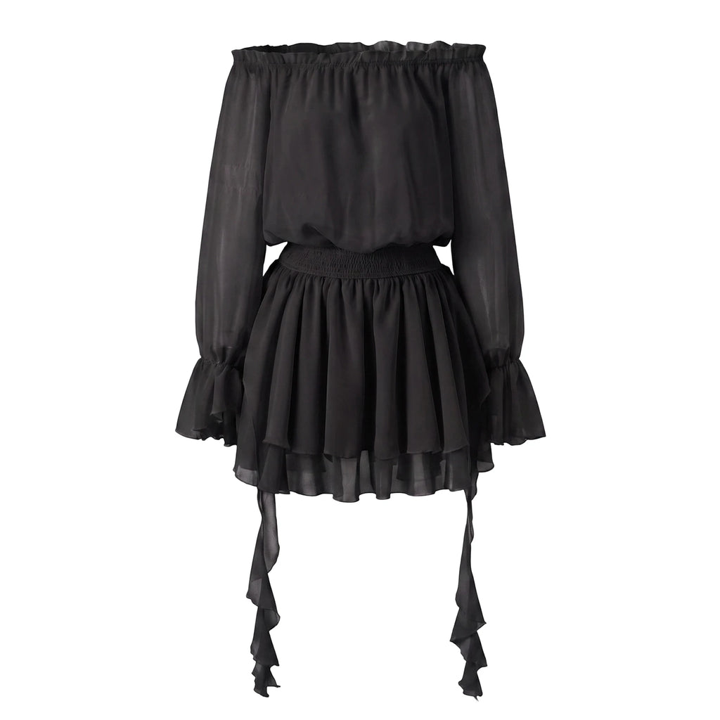 VacationGrabs Elegant Off Shoulder Flare Long Sleeve Chiffon Mini Dress Women Elastic Waist Tiered Ruffle Beach Vacation Short Dress
