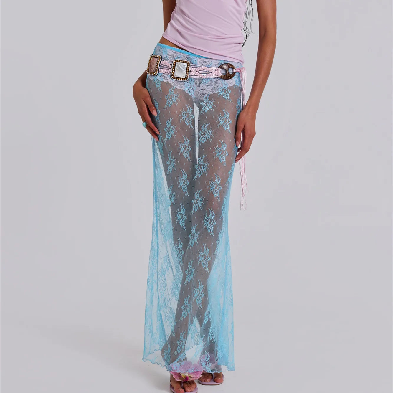 Women Lace Sheer Maxi Skirt Y2k High Waist Split Midi Skirt Sexy See Through Cover Up Long Skirt Beach Boho Clubwear