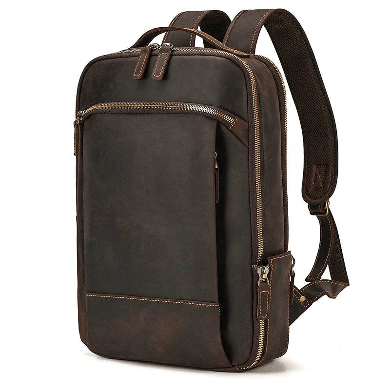 Vintage Travel Backpack Crazy Horse Leather Double Zipper Bag - VacationGrabs