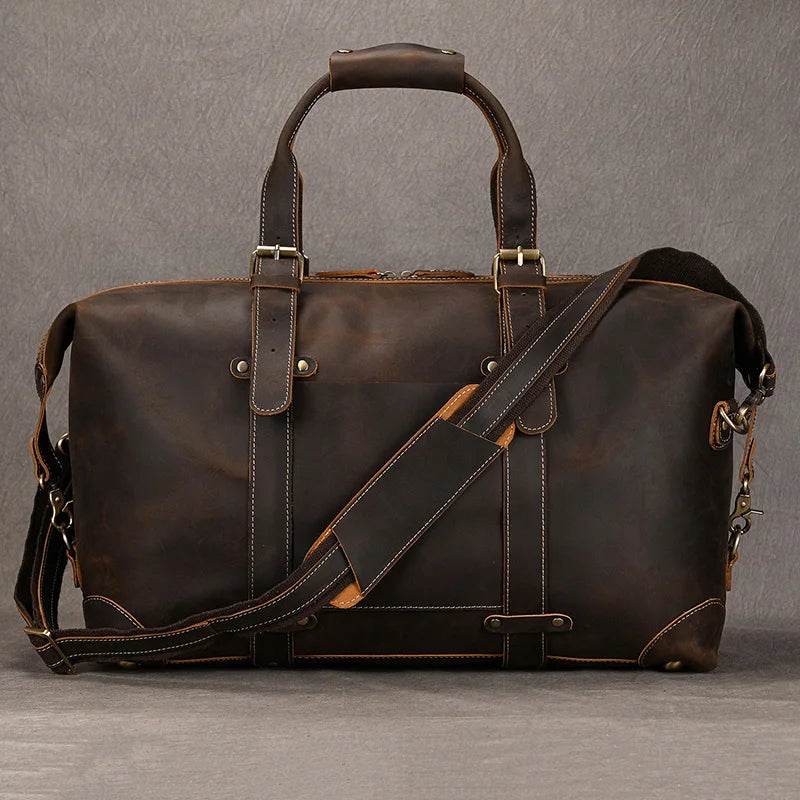 100% Genuine Crazy Horse Leather Travel Duffel Bag Rivet Design - VacationGrabs