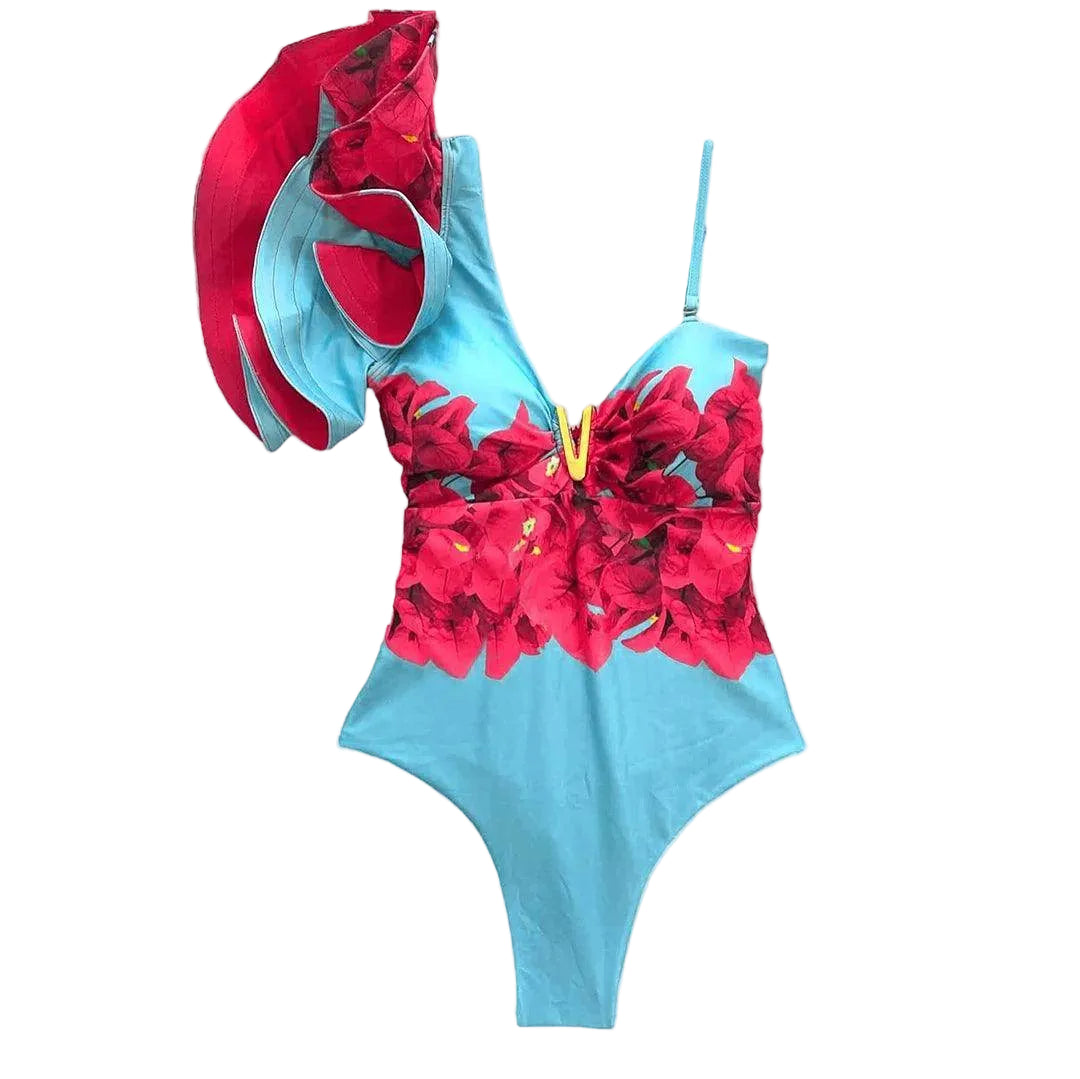 Ruffle Print Floral One Piece Slimming Swimwear - VacationGrabs