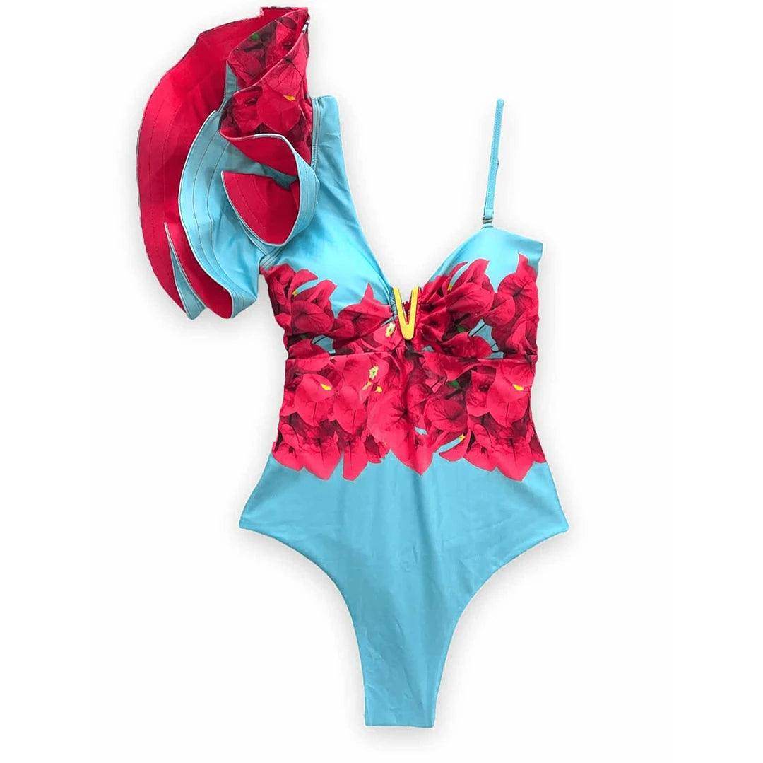 Ruffle Print Floral One Piece Slimming Swimwear - VacationGrabs