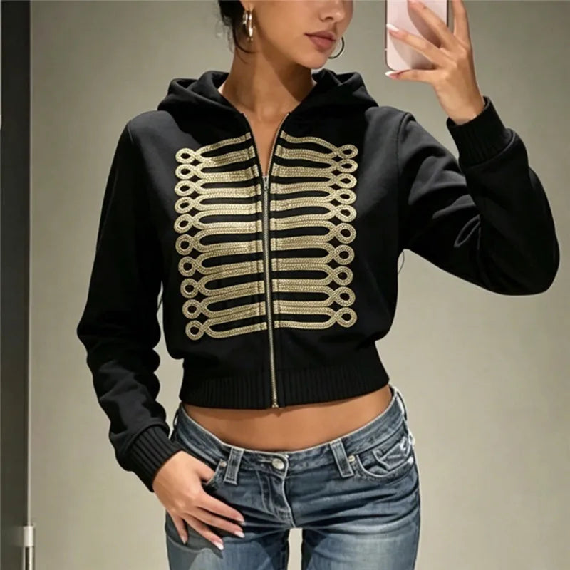 VacationGrabs Women Cropped Zip Up Hoodie Metallic Braided Embroidery Long Sleeve Ribbed Hem Y2K Streetwear Short Hooded Sweatshirt