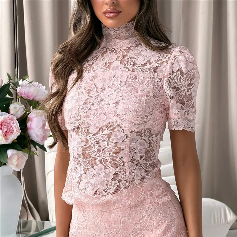 Floral Lace High Neck Sheer Blouse Women Short Puff Sleeve See Through Slim Fit Top For Evening Party Night Out Cocktail Events
