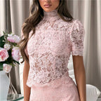 Floral Lace High Neck Sheer Blouse Women Short Puff Sleeve See Through Slim Fit Top For Evening Party Night Out Cocktail Events