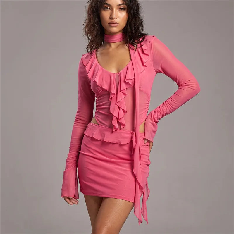 VacationGrabs Women Y2K Sheer Mesh Bodycon Mini Dress Ruffle Detail Flare Long Sleeve Deep V Choker Cutout Slim Party Nightclub Dress
