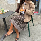 VacationGrabs Women Elegant Lace Satin Spliced Midi Skirts Sexy Dots Print High Waist Retro Casual Straight Midi Skirts Y2K Streetwear