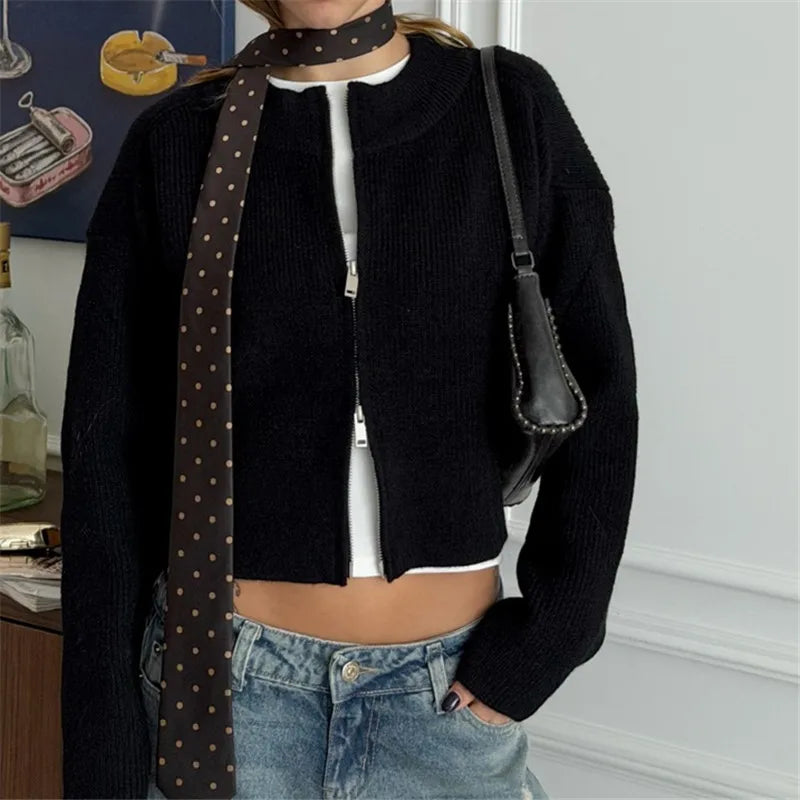 VacationGrabs Women Ribbed Knit Cropped Zip Up Cardigan Crew Neck Double Zipper Long Sleeve Loose Fuzzy Sweater Jacket for Winter