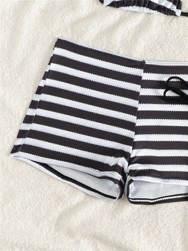 VacationGrabs Women Striped 3 Piece Bikini Set Halter Triangle Top Side Tie Bikini Bottom With Cover Up Shorts Swimsuit Summer Beach
