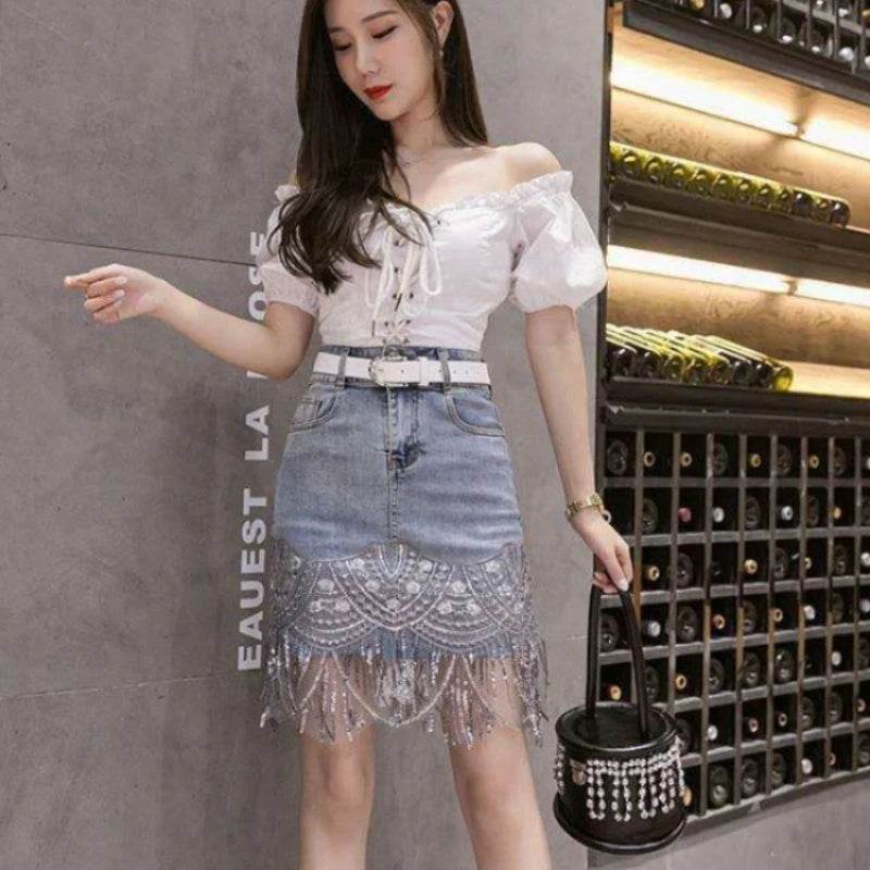 Sequins Embroidery Jeans Skirt Women Elegant High Waist Sequin Fringe Skirt - VacationGrabs