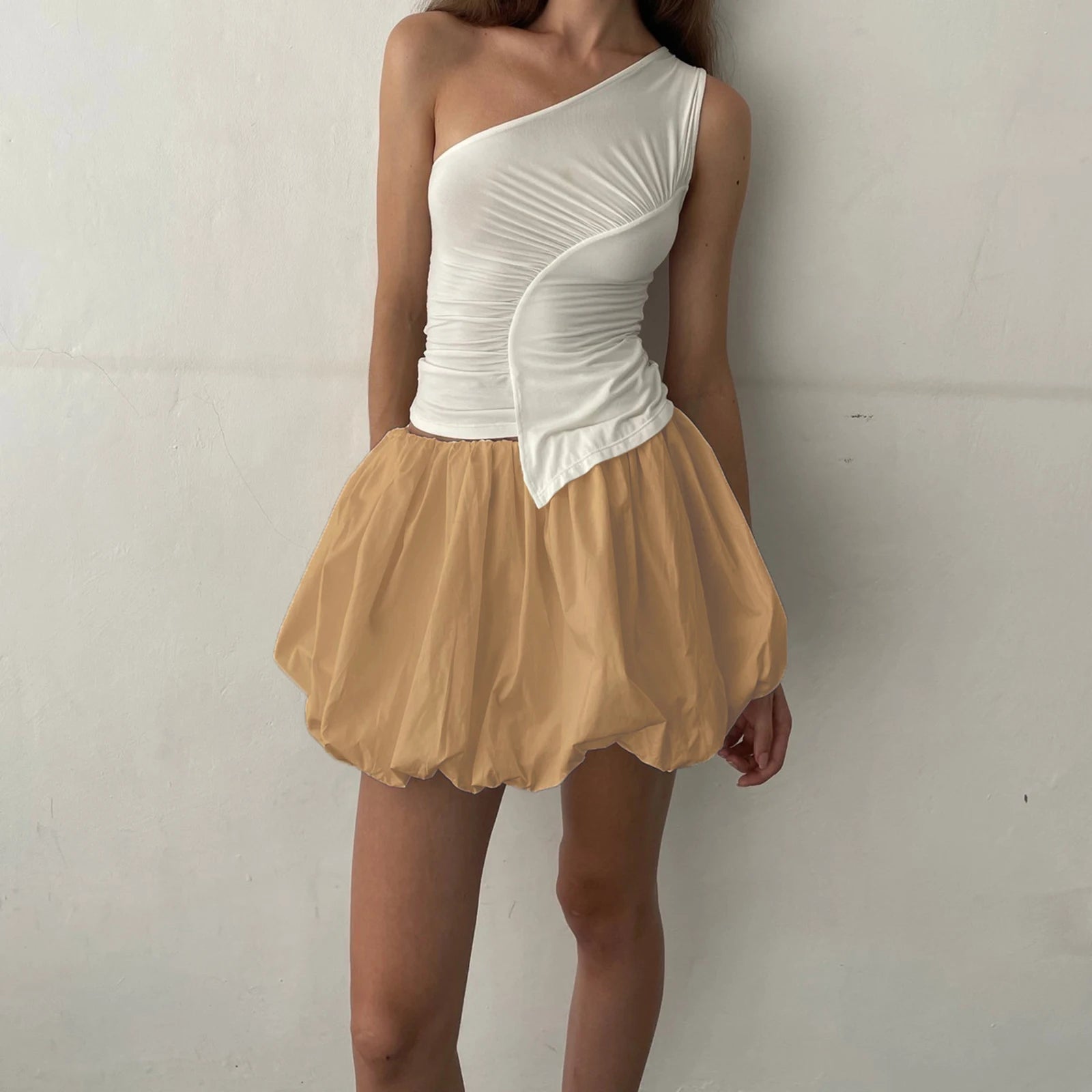 VacationGrabs Women Y2K Bubble Skirt Elastic Waist Pleated Ruffle Hem A Line Mini Skirt Girls Cute Short Puffy Balloon Skirt