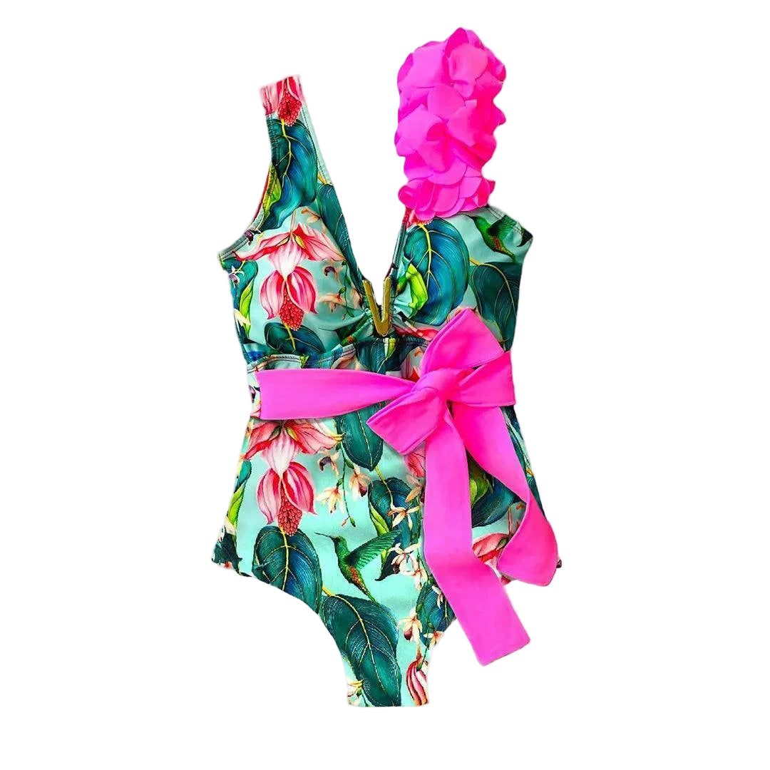 Ruffle Print Floral One Piece Slimming Swimwear - VacationGrabs