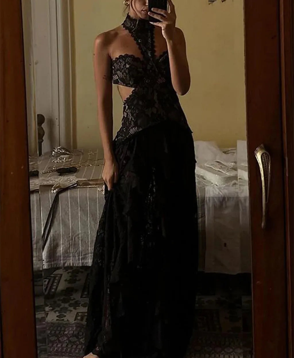 Sexy Cut Out Halter Lace Maxi Dress Sheer Tiered Ruffle See Through Long Gown Backless Slim Bodycon Party Club Night Women Dress