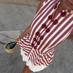 Chinese Style Frog Button Sleeveless Peplum Top Women Striped Print Stand Collar Blouse Elegant Casual Slim Fit Ruffle Hem Shirt