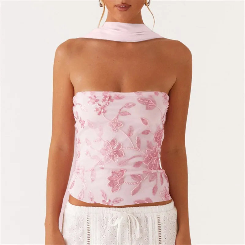 VacationGrabs Women Y2K Sequin Tube Top with Scarf Sexy Backless Pearl Embellished Beaded Cami Bling Glitter Rhinestone Camisole