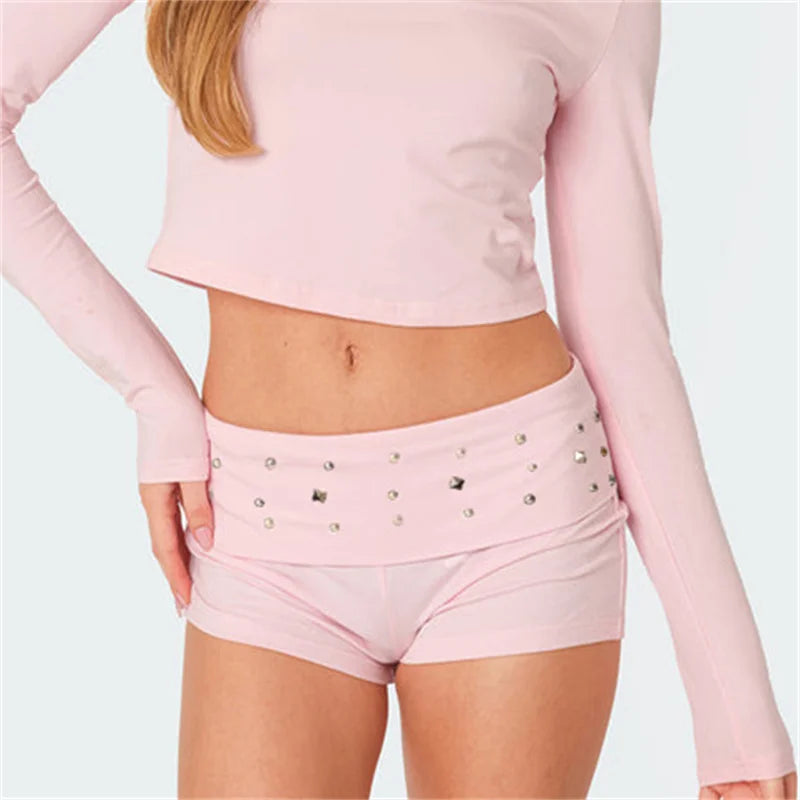 VacationGrabs Womens Y2k Grunge Mini Shorts Fold Over Low Rise Studded Rivet Rave Concert Club Punk Goth Micro Bottoms Streetwear