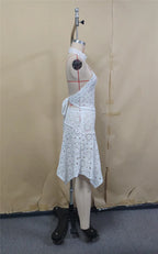 VacationGrabs Crochet Lace Two Piece Set Women Halter Crop Top Asymmetrical Midi Skirt Hollow Out Boho Beach Vacation Matching Outfit