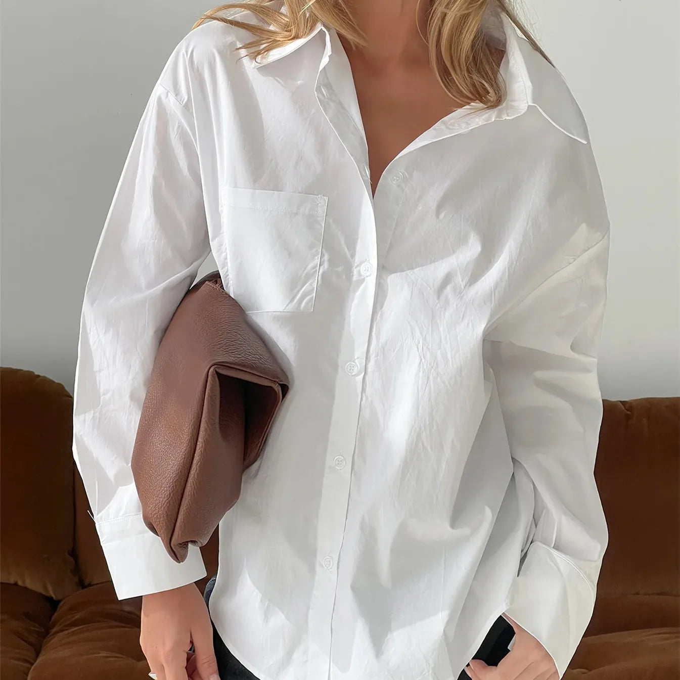 VacationGrabs Women Spring Button Down Shirt Pinstripe Loose Fit Long Sleeve Button Up Shirt Wide Collar Casual Tops Workout Shirts