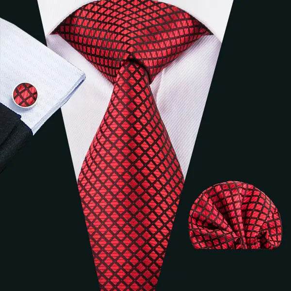 Red Plaid Silk Tie Set for Men - VacationGrabs