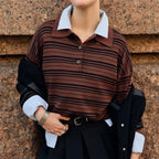 VacationGrabs Striped Sweater Women Long Sleeve Button Front Pullover Casual Crew Neck Tops Pullover Sweatshirt Fall Winter Outwear
